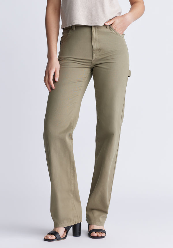 Pantalon droit et large pour femme à taille très haute Jane, vert olive - BL15966