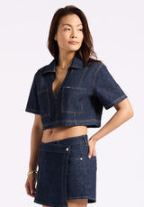 Buffalo David Bitton Selena Women's Denim Cropped Top with Patch Pockets color INDIGO