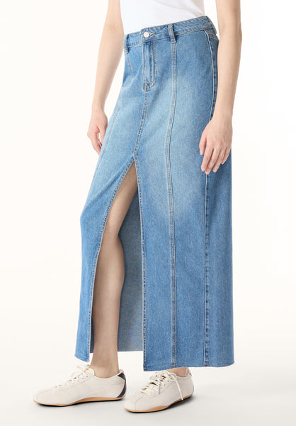 Jupe longue taille mi-haute Sylvie, Indigo usé et délavé - BL16031