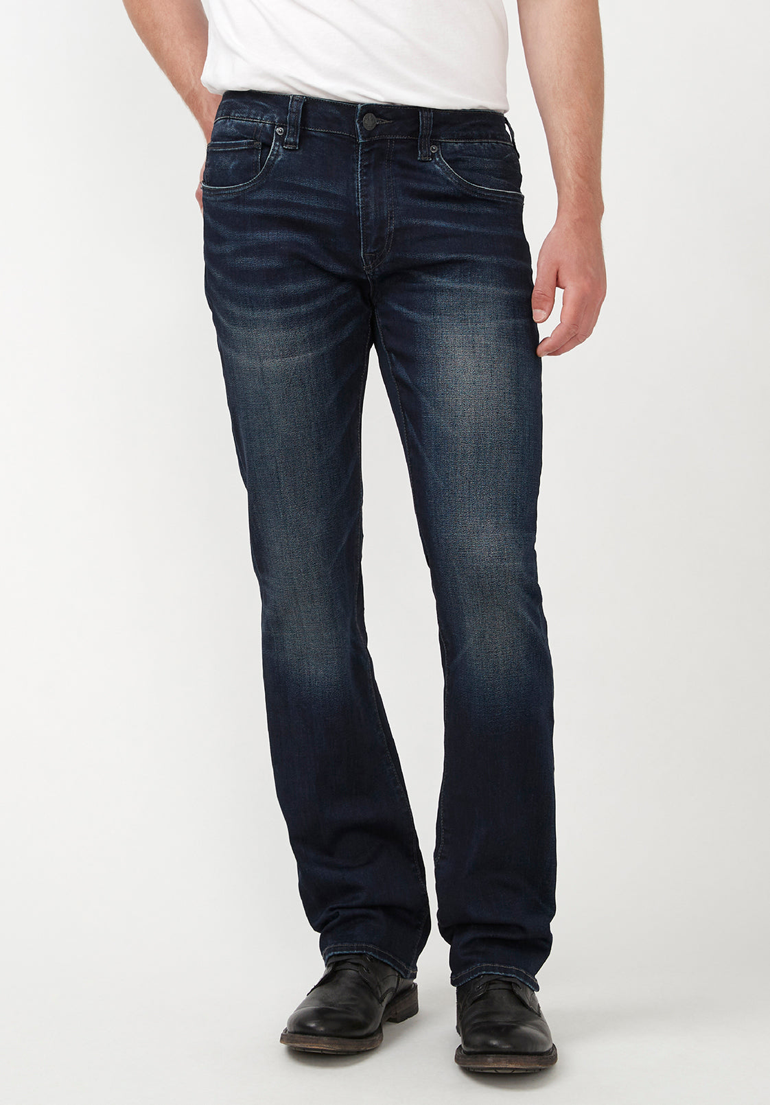 Slim Bootcut King Men's Jeans in Whiskered and Sanded Dark Blue