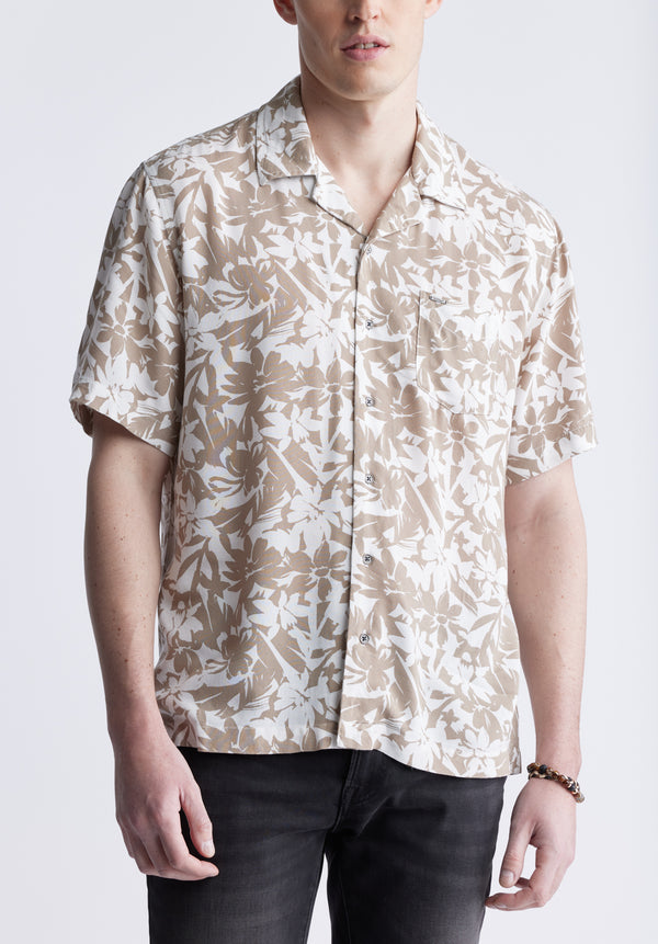 Sandro Men's Short Sleeve Shirt, White and Tan - BM24364