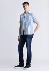 Sinap Men's Short Sleeve Striped Shirt, Blue and White - BM24367