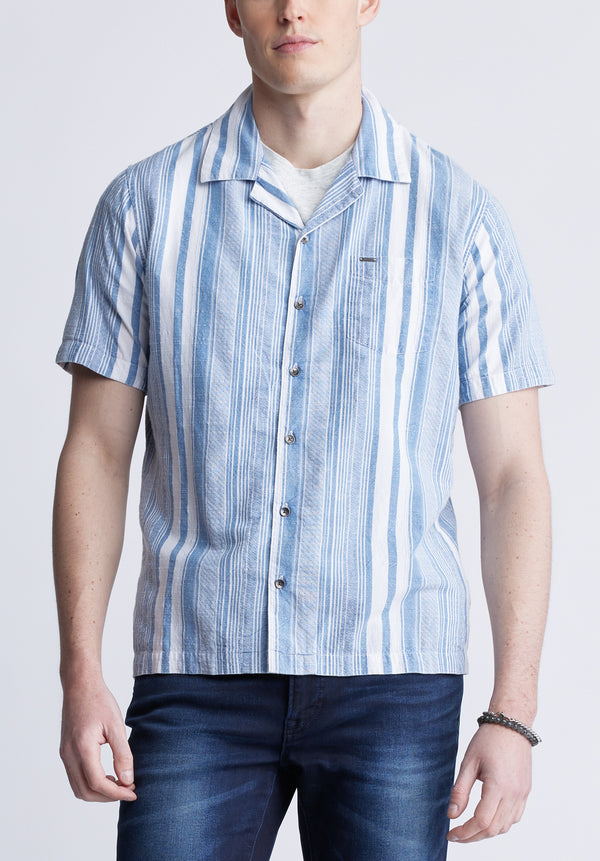Sinap Men's Short Sleeve Striped Shirt, Blue and White - BM24367