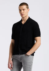 Buffalo David Bitton Wasko Men's Cable-Knit Short-Sleeve Button-Up Polo color BLACK