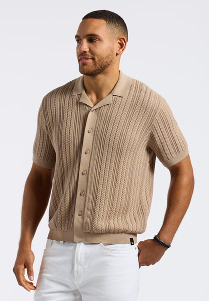Buffalo David Bitton Wasko Men's Cable-Knit Short-Sleeve Button-Up Polo color TUFFET