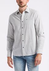 Buffalo David Bitton Simbio Men's Long-Sleeve Linen Blend Striped Fitted Shirt color MOONLIGHT BLUE