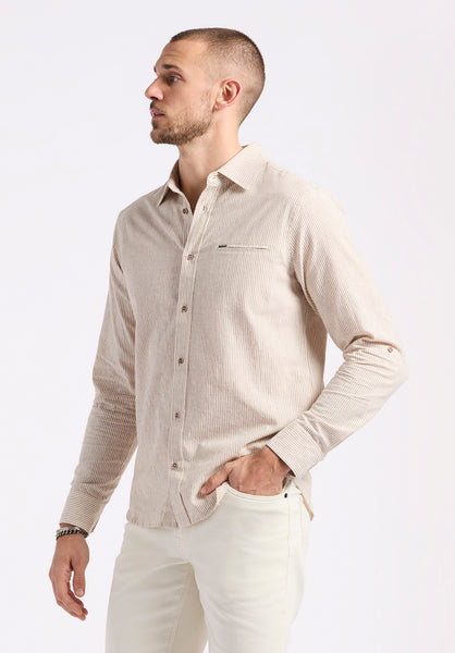Buffalo David Bitton Simbio Men's Long-Sleeve Linen Blend Striped Fitted Shirt color WOODSMOKE