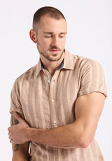 Buffalo David Bitton Sagrino Men's Short-Sleeve Striped Fitted Shirt color WOODSMOKE