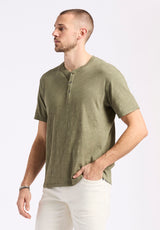 Buffalo David Bitton Kandido Men's Short Sleeve Slub Jersey Relaxed Henley Top color ARMY GREEN