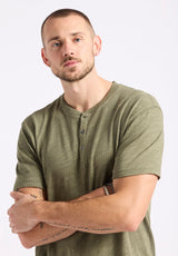 Buffalo David Bitton Kandido Men's Short Sleeve Slub Jersey Relaxed Henley Top color ARMY GREEN