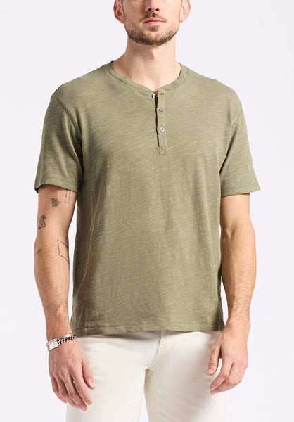 Buffalo David Bitton Kandido Men's Short Sleeve Slub Jersey Relaxed Henley Top color ARMY GREEN