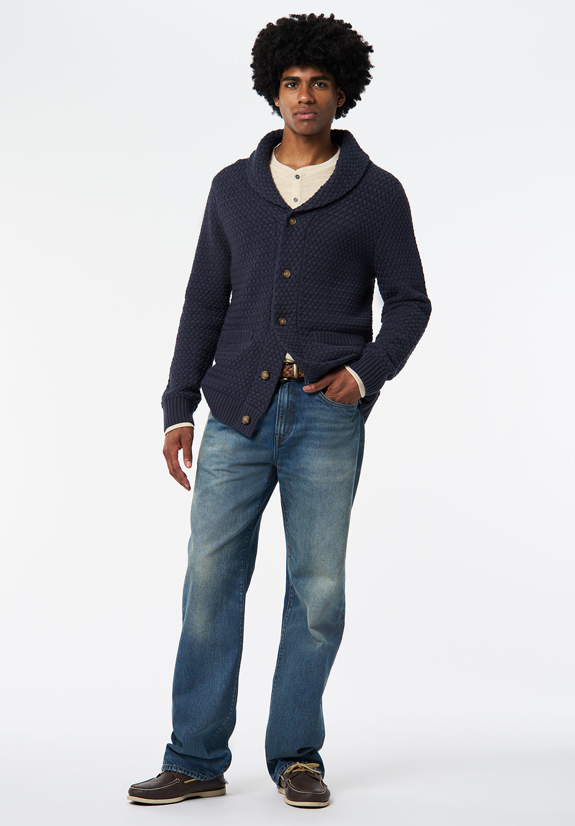 Wendell Men's Textured Shawl Collar Relaxed Cardigan, WHALE