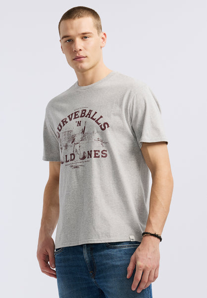 Buffalo David Bitton Tavis Men's Graphic T-Shirt with Curveballs 'n Old Ones Print color HEATHER GREY