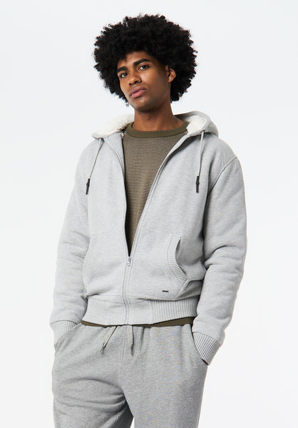 Fasox Men's Relaxed Full-Zip Hooded Jacket with Sherpa Lining color HEATHER GREY