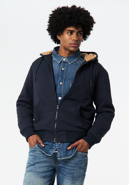 Fasox Men's Relaxed Full-Zip Hooded Jacket with Sherpa Lining color WHALE