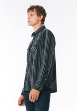 Sierra Chemise Western à Rayures pour Homme à Manches Longues, Bleu Minuit - BM24751