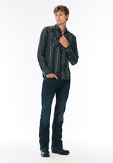 Sierra Chemise Western à Rayures pour Homme à Manches Longues, Bleu Minuit - BM24751