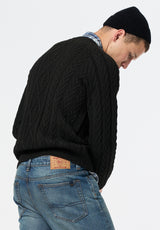 Walder Men's Relaxed Cable Knit Sweater color BLACK