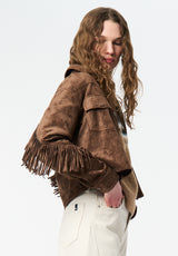 Bibi Women's Western Fringe Cropped Jacket in Faux Suede color CARAMEL