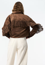 Bibi Women's Western Fringe Cropped Jacket in Faux Suede color CARAMEL