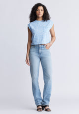 Haut court sans manche Amandine pour femme, bleu et fleurs blanches - KT0148