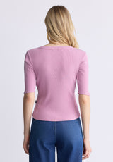 Buffalo David Bitton Tabbey Women's Elbow-Length Sleeve Ribbed Top, Pink - KT0152F Color LILAS