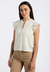 Buffalo David Bitton Mckaylie Women's Split Neck Top with Ruffle Detail color PARCHMENT