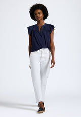 Buffalo David Bitton Mckaylie Women's Split Neck Top with Ruffle Detail color PEACOAT