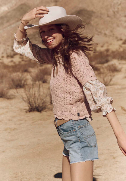 Buffalo David Bitton Posey Women's Short-Sleeve Crochet Knit Sweater Top color CAMEO ROSE