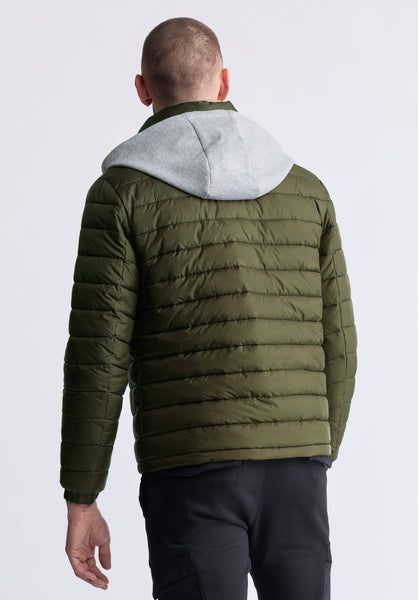 Chad Men’s Quilted Puffer Zip-Up Jacket with Contrasting Hoodie, Green - OBMOE002