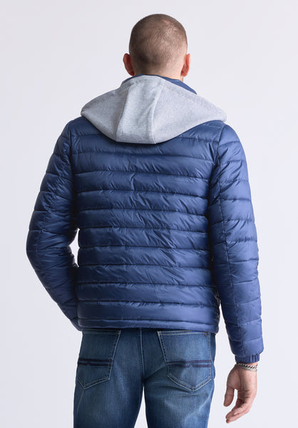 Chad Men’s Quilted Puffer Zip-Up Jacket with Contrasting Hoodie, Blue - OBMOE002