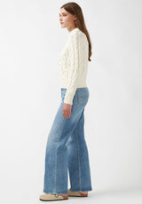 Buffalo David Bitton Magari Ivory Women's Long Sleeve Crewneck Cable Sweater - SW0030H Color IVORY