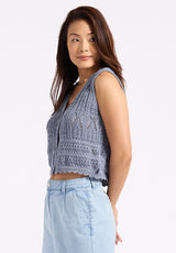 Buffalo David Bitton Merrybell Women's Pointelle Knit Button-Down Vest color BLEACHED DENIM