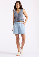Buffalo David Bitton Merrybell Women's Pointelle Knit Button-Down Vest color BLEACHED DENIM