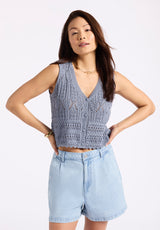 Buffalo David Bitton Merrybell Women's Pointelle Knit Button-Down Vest color BLEACHED DENIM