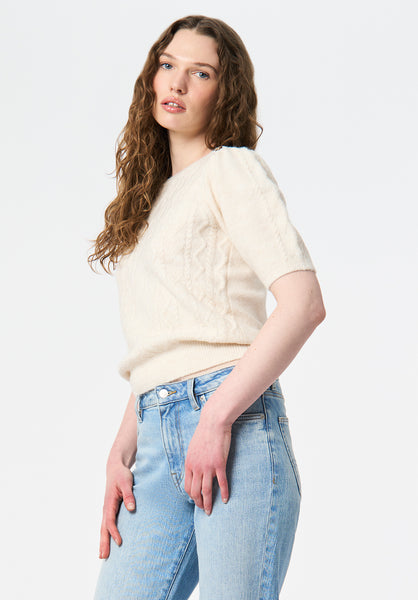 Winsome Women's Short Sleeve Cable Knit Sweater with Shoulder Button color MARSHMALLOW