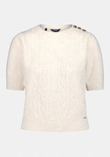 Winsome Women's Short Sleeve Cable Knit Sweater with Shoulder Button color MARSHMALLOW