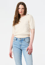 Winsome Women's Short Sleeve Cable Knit Sweater with Shoulder Button color MARSHMALLOW