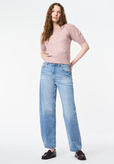 Winsome Women's Short Sleeve Cable Knit Sweater with Shoulder Button color BURNISHED LILAC