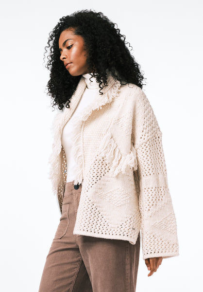 Agatha Women's Open-Front Knit Cardigan with Fringe color OATMEAL