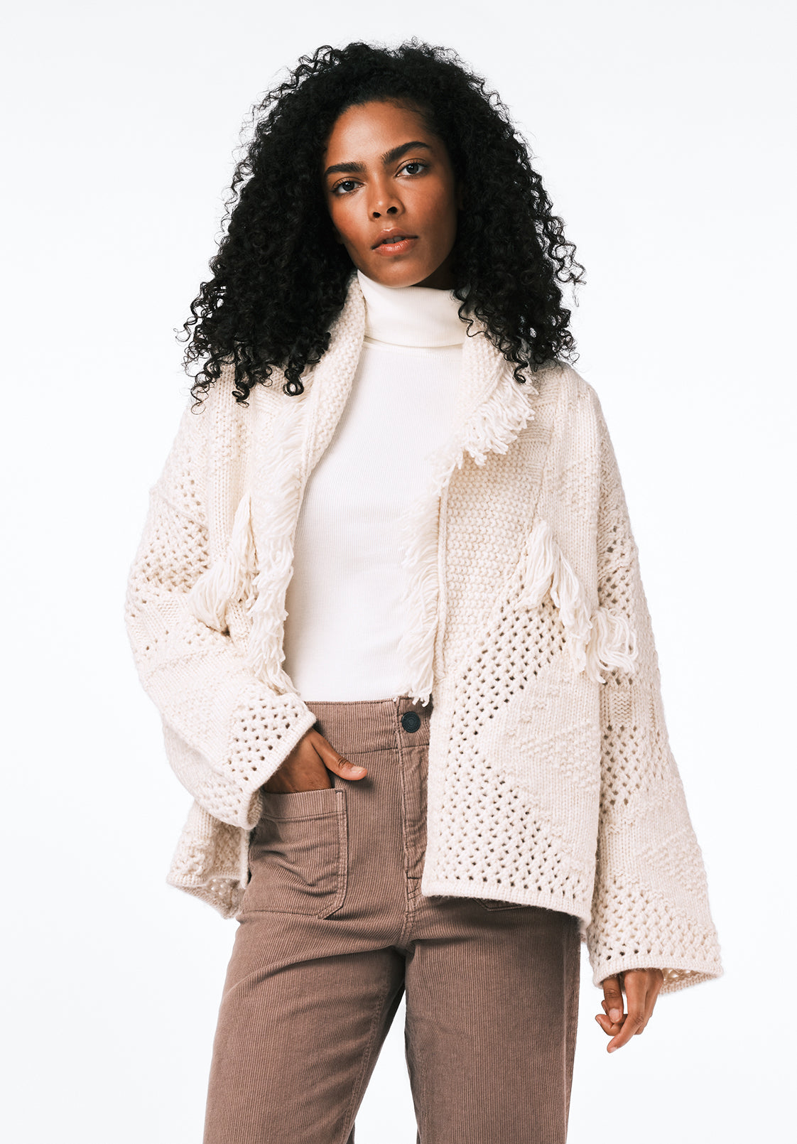 Agatha Women's Open-Front Knit Cardigan with Fringe, OATMEAL