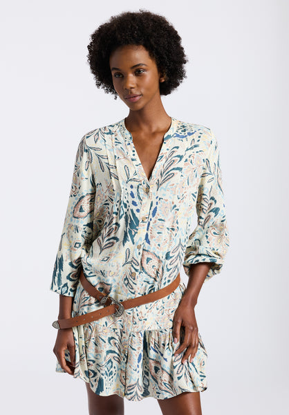 Buffalo David Bitton Darya Women's Boho-Print Long-Sleeve Tiered Short Dress color PAISLEY