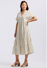 Buffalo David Bitton Aurinda Women's Tiered Striped Midi Dress color PARCHMENT