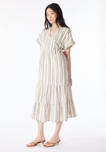 Robe mi-longue à rayures et volants pour femme Aurinda, parchemin - WD0094P