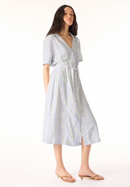 Robe midi rayée boutonnée avec ceinture à la taille Carlene pour femme, marine - WD0105P