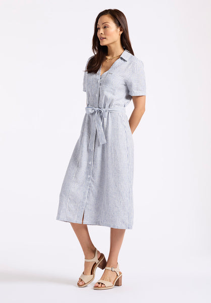 Buffalo David Bitton Carlene Women's Striped Button-Down Midi Dress with Waist Tie color NAVY