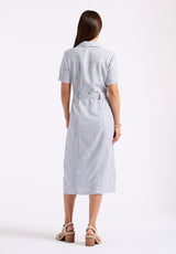 Buffalo David Bitton Carlene Women's Striped Button-Down Midi Dress with Waist Tie color NAVY