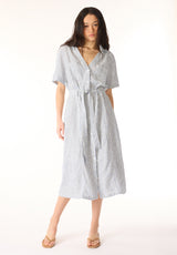 Carlene Women's Short Sleeve Belted Button Front Striped Midi Dress, Navy - WD0105P