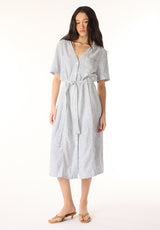 Carlene Women's Short Sleeve Belted Button Front Striped Midi Dress, Navy - WD0105P