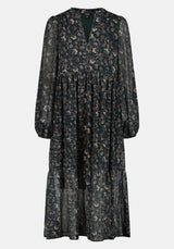 Rheda Women's Sheer Floral Long Sleeve Tiered Midi Dress color VINTAGE FLORAL